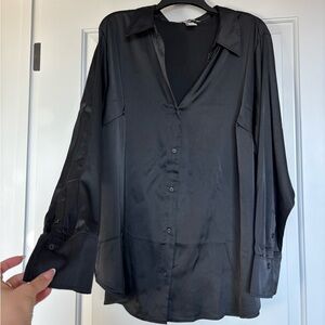 Black Satin Button-Up Blouse